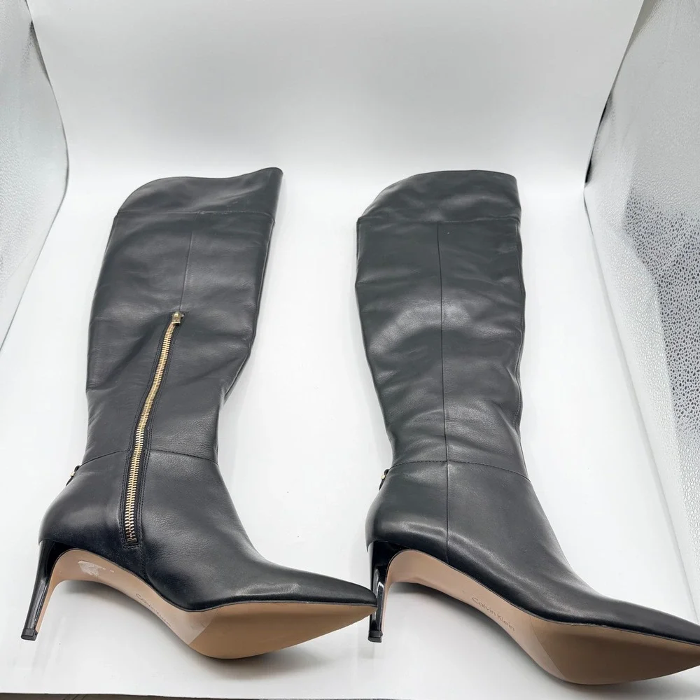 Calvin Klein Coletta Over the Knee Boots Women 6.5 Black Leather Stiletto Luxury
